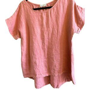 Terzo Millennio Women's Coral 100% Linen Short Sleeve Button Back Top Medium